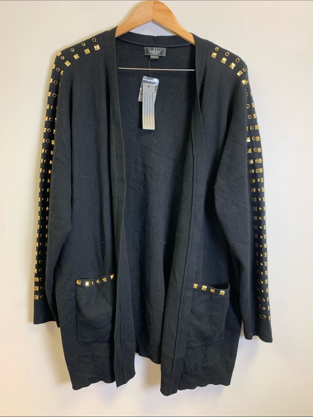 Belldini Black Open-Front Cardigan with Gold Stud Details